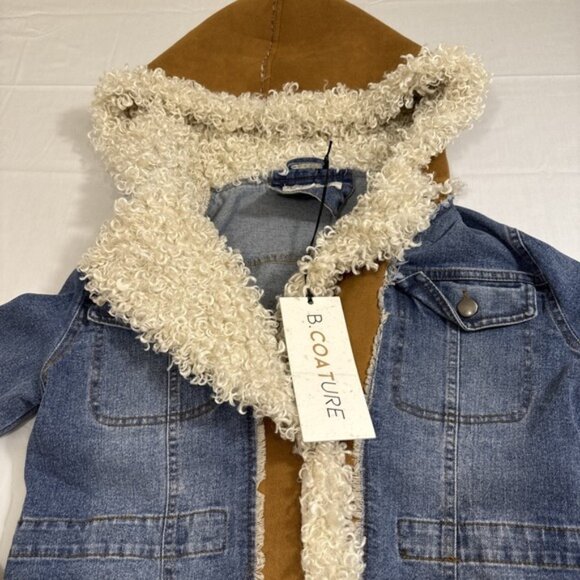 B. COATURE Long Duster Denim Jacket HOOD FAUX SUEDE FAUX SHERPA WOMEN SM NWT - Picture 5 of 11
